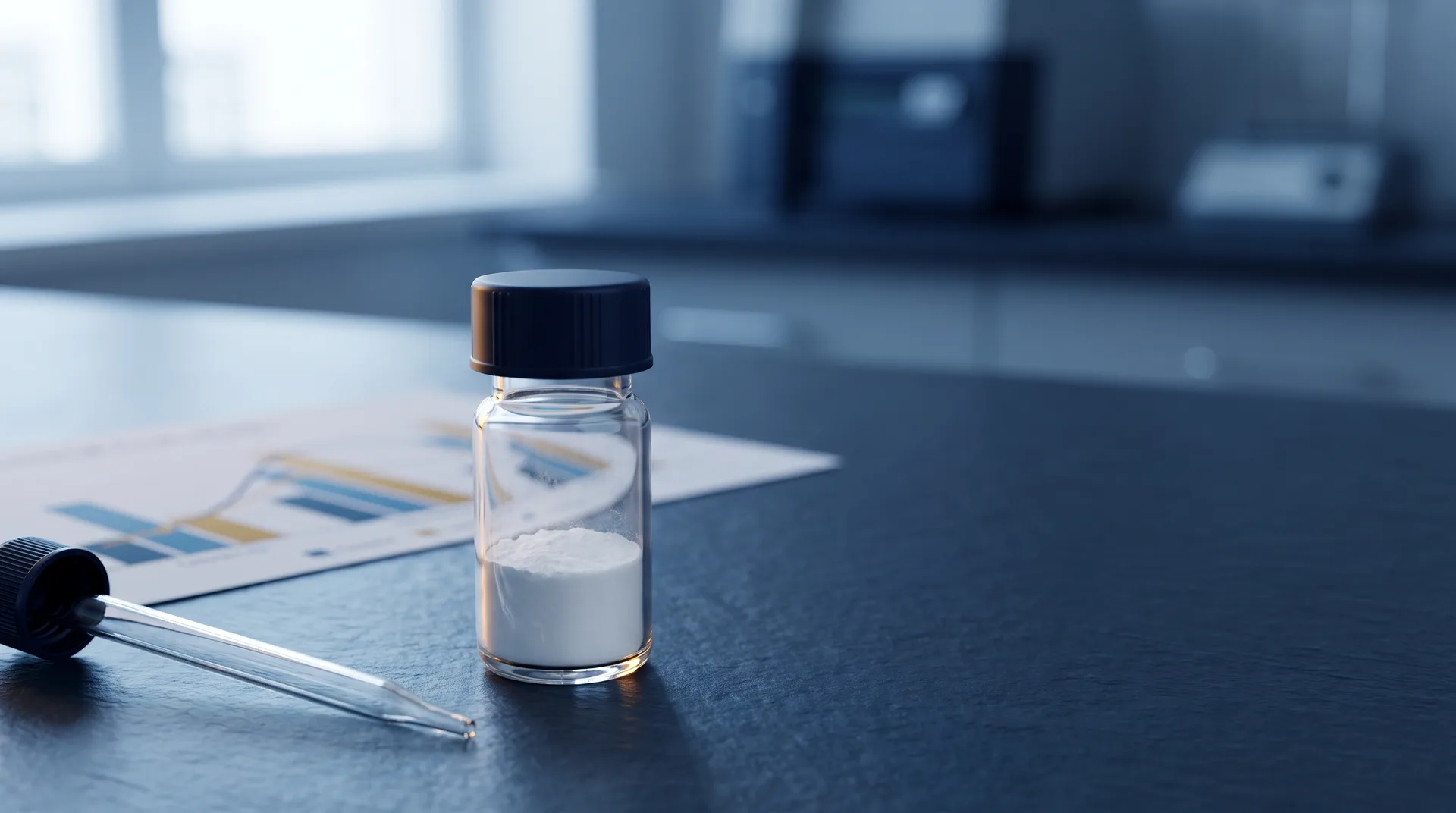 A research vial of white lyophilised peptide on a navy lab bench beside a clinical trial chart