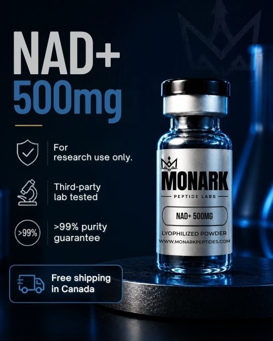 Monark NAD+ 500mg vial with notes: for research use only, third-party lab tested, over 99% purity guarantee, free shipping in Canada