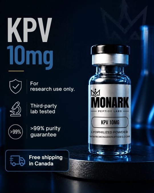 Monark KPV 10mg vial with notes: for research use only, third-party lab tested, over 99% purity guarantee, free shipping in Canada