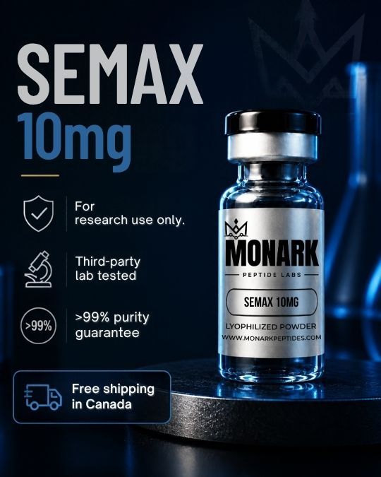 Monark Semax 10mg vial with notes: for research use only, third-party lab tested, over 99% purity guarantee, free shipping in Canada