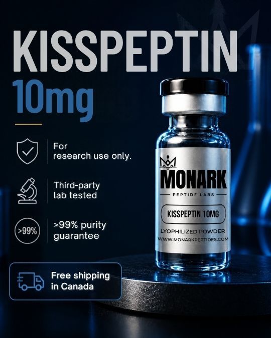 Monark Kisspeptin 10mg vial with notes: for research use only, third-party lab tested, over 99% purity guarantee, free shipping in Canada