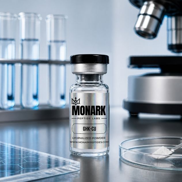 Monark GHK-Cu vial on a lab bench beside test tubes, a microscope and a dish of white powder