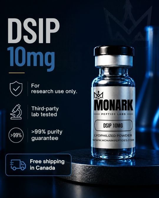 Monark DSIP 10mg vial with notes: for research use only, third-party lab tested, over 99% purity guarantee, free shipping in Canada