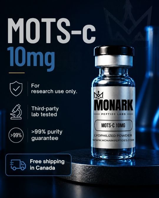 Monark MOTS-c 10mg vial with notes: for research use only, third-party lab tested, over 99% purity guarantee, free shipping in Canada